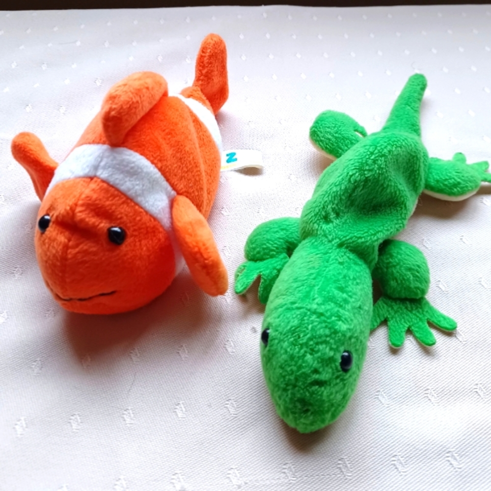 2 VTG Zangeen soft Beanie Plush stuffed Orange Fish -2004 ,Green Lizard- 1996